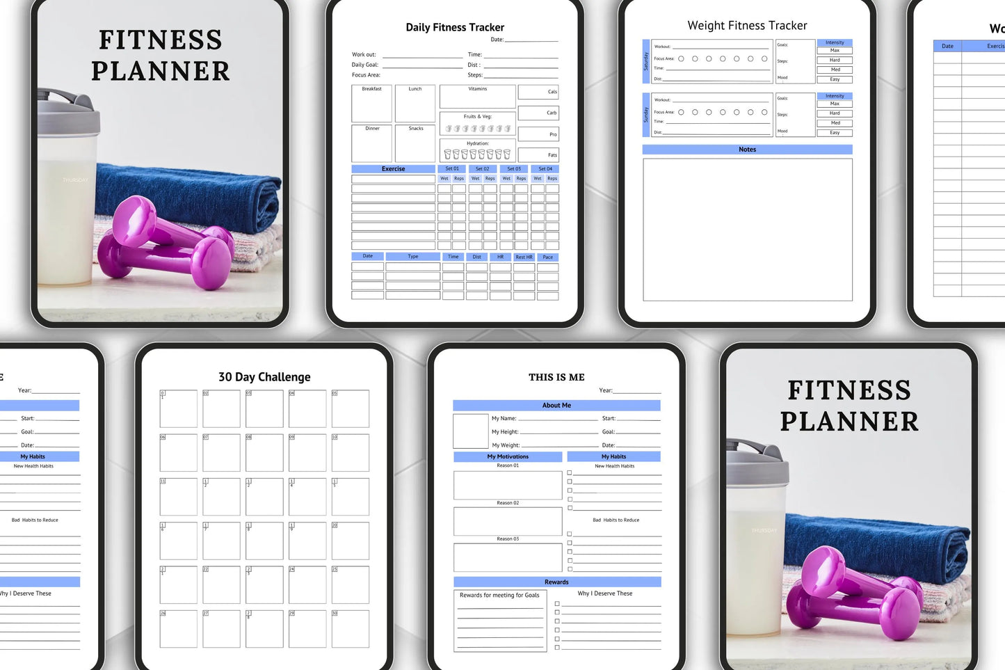 Editable Printable Fitness Planner Bundle | Workout & Wellness Tracker | Digital Health Journal Template for Goals