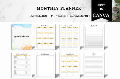 Editable Printable Monthly Planner Bundle | Undated Digital Planner | Productivity Organizer Template for Easy Planning