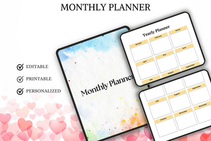 Editable Printable Monthly Planner Bundle | Undated Digital Planner | Productivity Organizer Template for Easy Planning