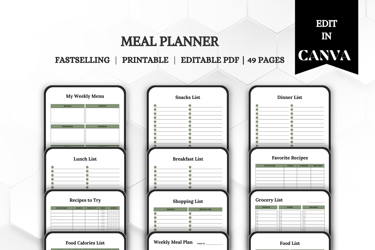 Editable Printable Meal Planner Bundle | Weekly Menu & Grocery List | Digital Meal Planning Organizer Template