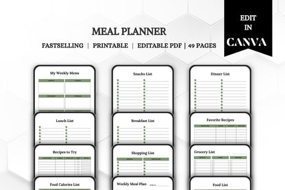 Editable Printable Meal Planner Bundle | Weekly Menu & Grocery List | Digital Meal Planning Organizer Template