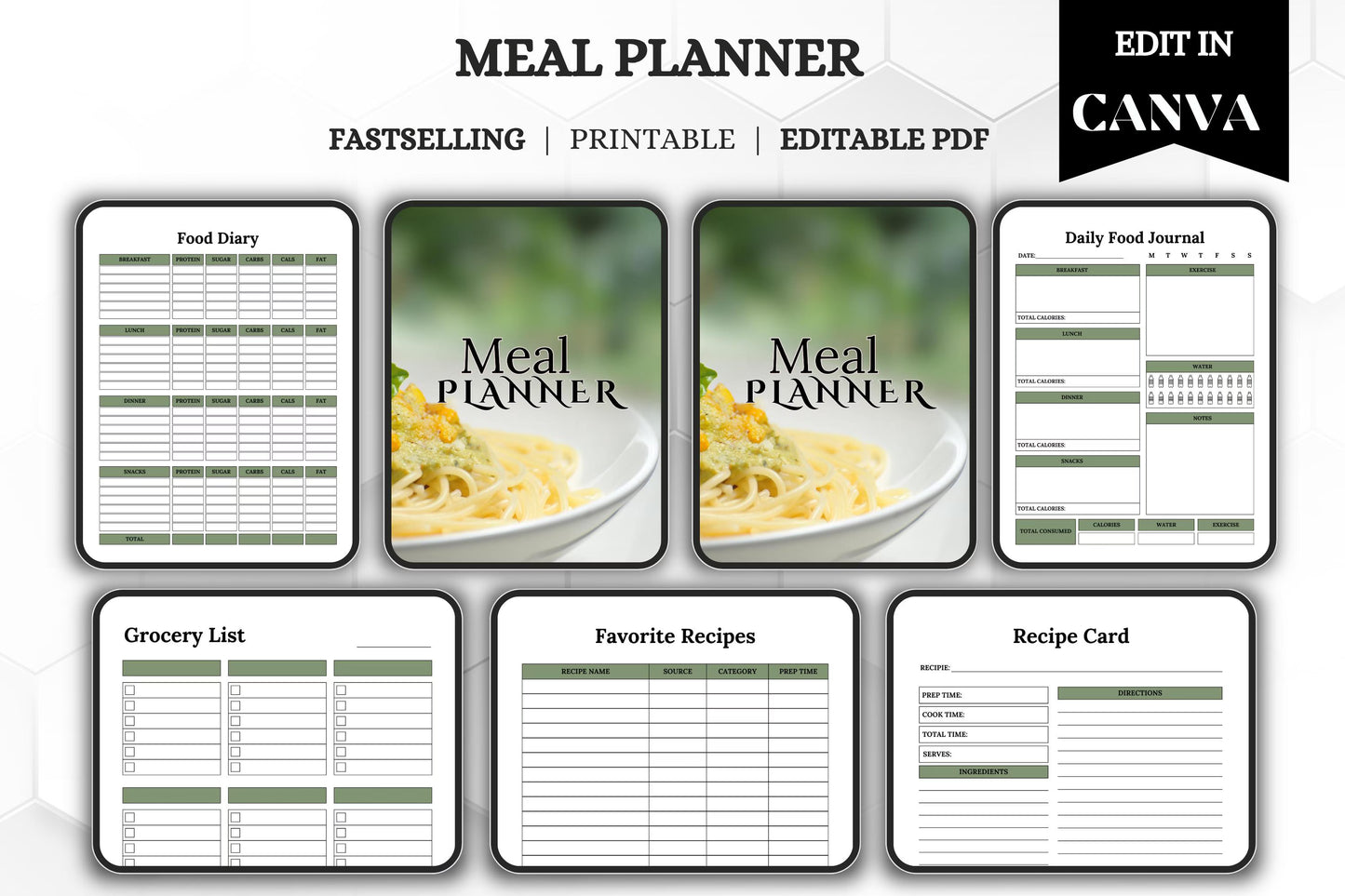 Editable Printable Meal Planner Bundle | Weekly Menu & Grocery List | Digital Meal Planning Organizer Template