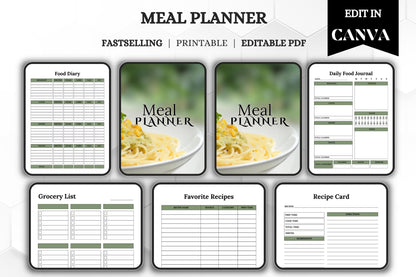 Editable Printable Meal Planner Bundle | Weekly Menu & Grocery List | Digital Meal Planning Organizer Template