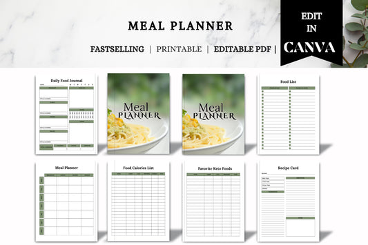Editable Printable Meal Planner Bundle | Weekly Menu & Grocery List | Digital Meal Planning Organizer Template