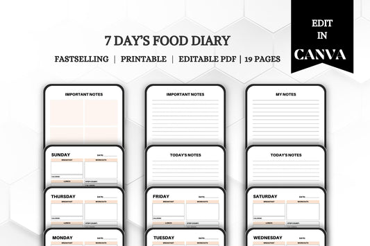 7 Day Food Diary: Printable Meal Planner (Editable PDF)