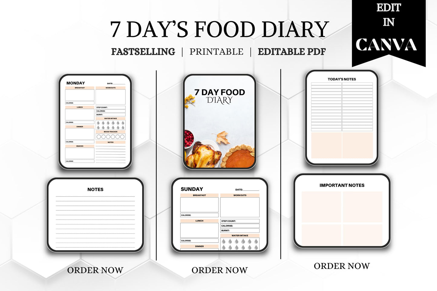 7 Day Food Diary: Printable Meal Planner (Editable PDF)