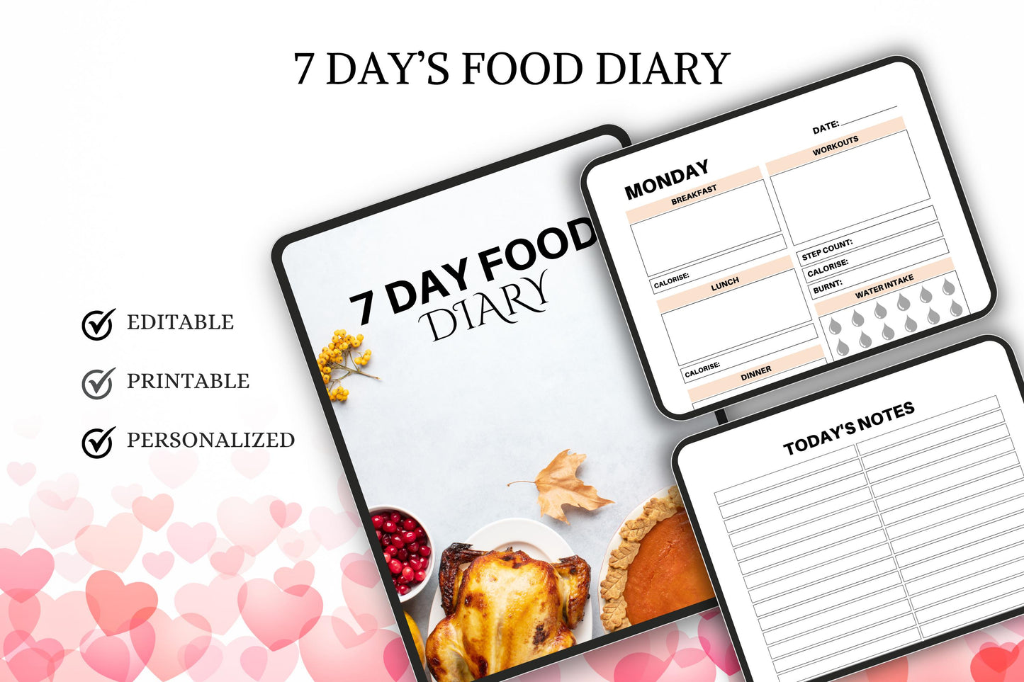 7 Day Food Diary: Printable Meal Planner (Editable PDF)