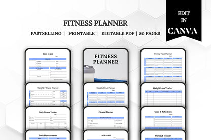 Editable Printable Fitness Planner Bundle | Workout & Wellness Tracker | Digital Health Journal Template for Goals