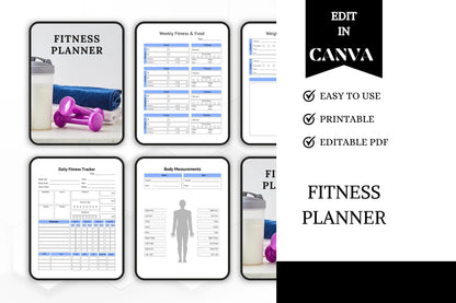 Editable Printable Fitness Planner Bundle | Workout & Wellness Tracker | Digital Health Journal Template for Goals