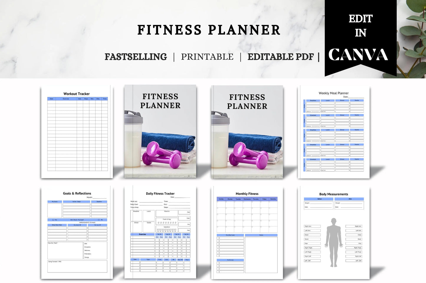 Editable Printable Fitness Planner Bundle | Workout & Wellness Tracker | Digital Health Journal Template for Goals
