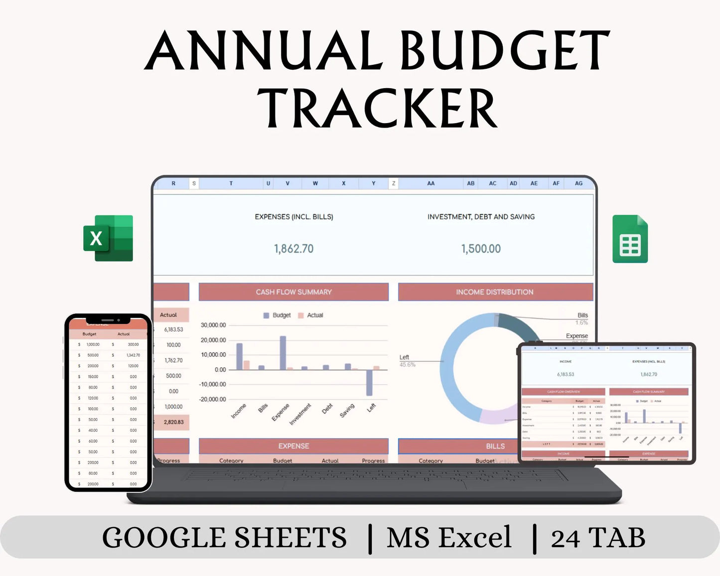 Annual Budget Tracker Spreadsheet | Google Sheets & Excel Finance Planner | Monthly Expense, Savings Tracker Template