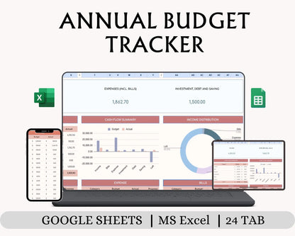 Annual Budget Tracker Spreadsheet | Google Sheets & Excel Finance Planner | Monthly Expense, Savings Tracker Template