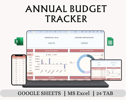 Annual Budget Tracker Spreadsheet | Google Sheets & Excel Finance Planner | Monthly Expense, Savings Tracker Template