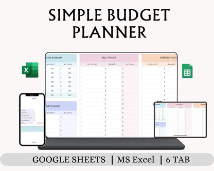 Simple Budget Planner Spreadsheet, Google Sheets Excel Budget Template, Monthly & Annual Finance Tracker