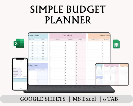 Simple Budget Planner Spreadsheet, Google Sheets Excel Budget Template, Monthly & Annual Finance Tracker