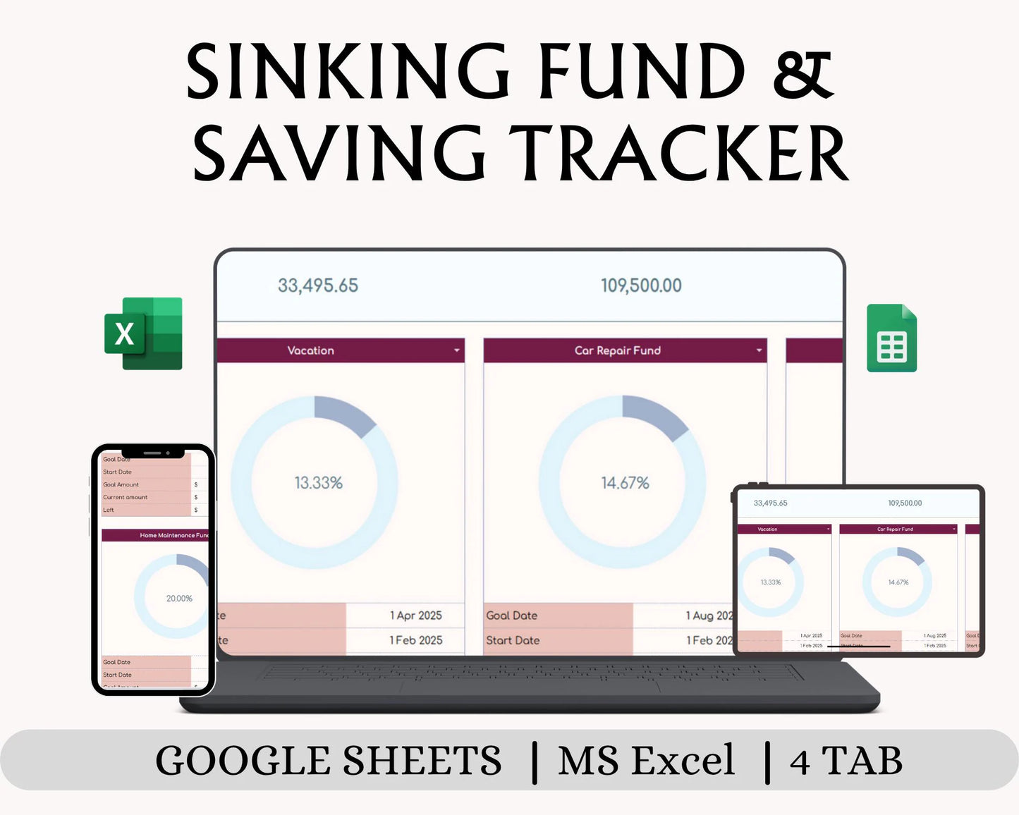 Sinking Funds & Savings Tracker Spreadsheet | Google Sheets Excel Budget Template | Finance Planner for Money Goals
