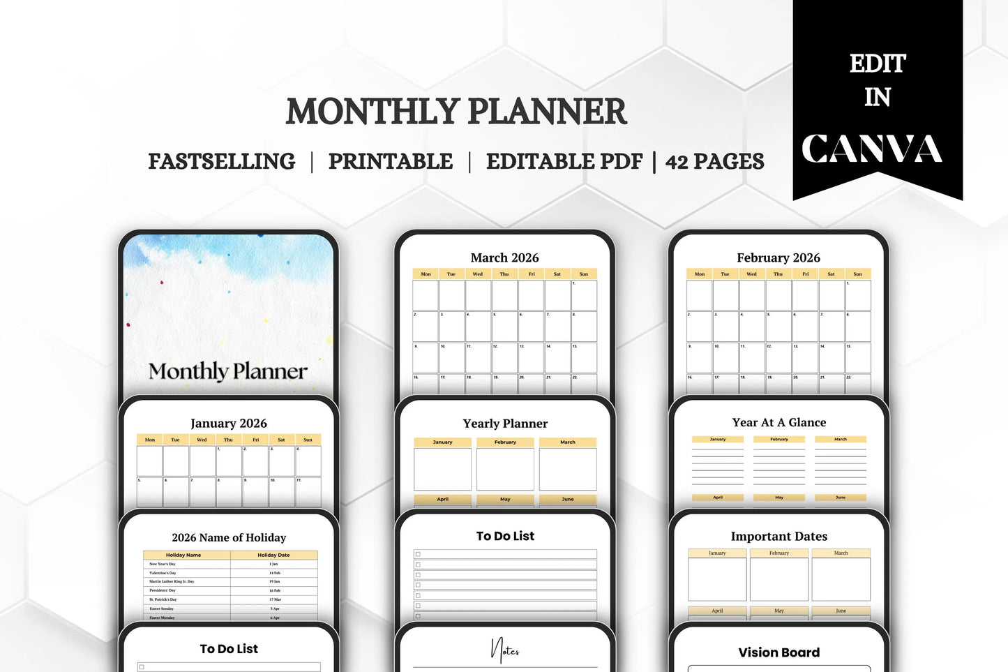 Editable Printable Monthly Planner Bundle | Undated Digital Planner | Productivity Organizer Template for Easy Planning