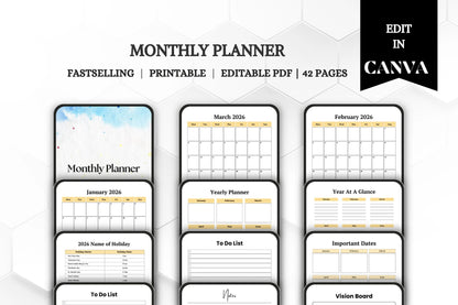 Editable Printable Monthly Planner Bundle | Undated Digital Planner | Productivity Organizer Template for Easy Planning