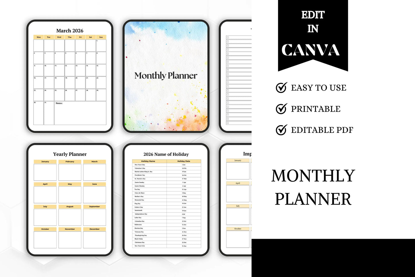 Editable Printable Monthly Planner Bundle | Undated Digital Planner | Productivity Organizer Template for Easy Planning
