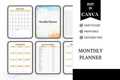 Editable Printable Monthly Planner Bundle | Undated Digital Planner | Productivity Organizer Template for Easy Planning