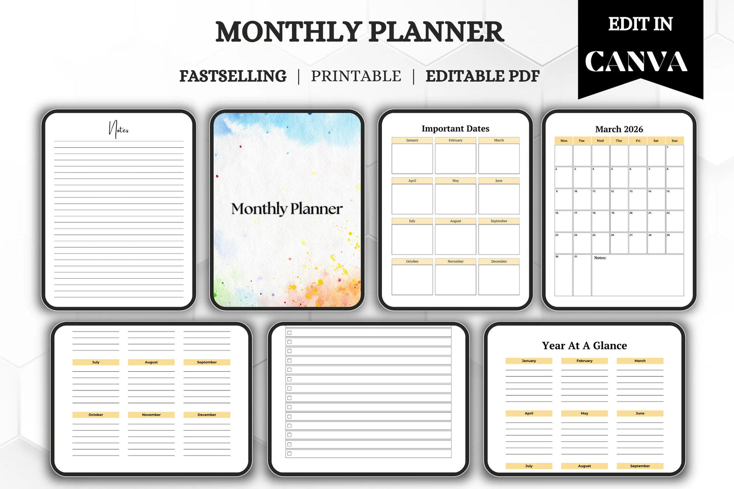 Editable Printable Monthly Planner Bundle | Undated Digital Planner | Productivity Organizer Template for Easy Planning