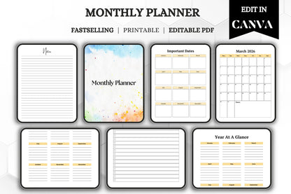Editable Printable Monthly Planner Bundle | Undated Digital Planner | Productivity Organizer Template for Easy Planning