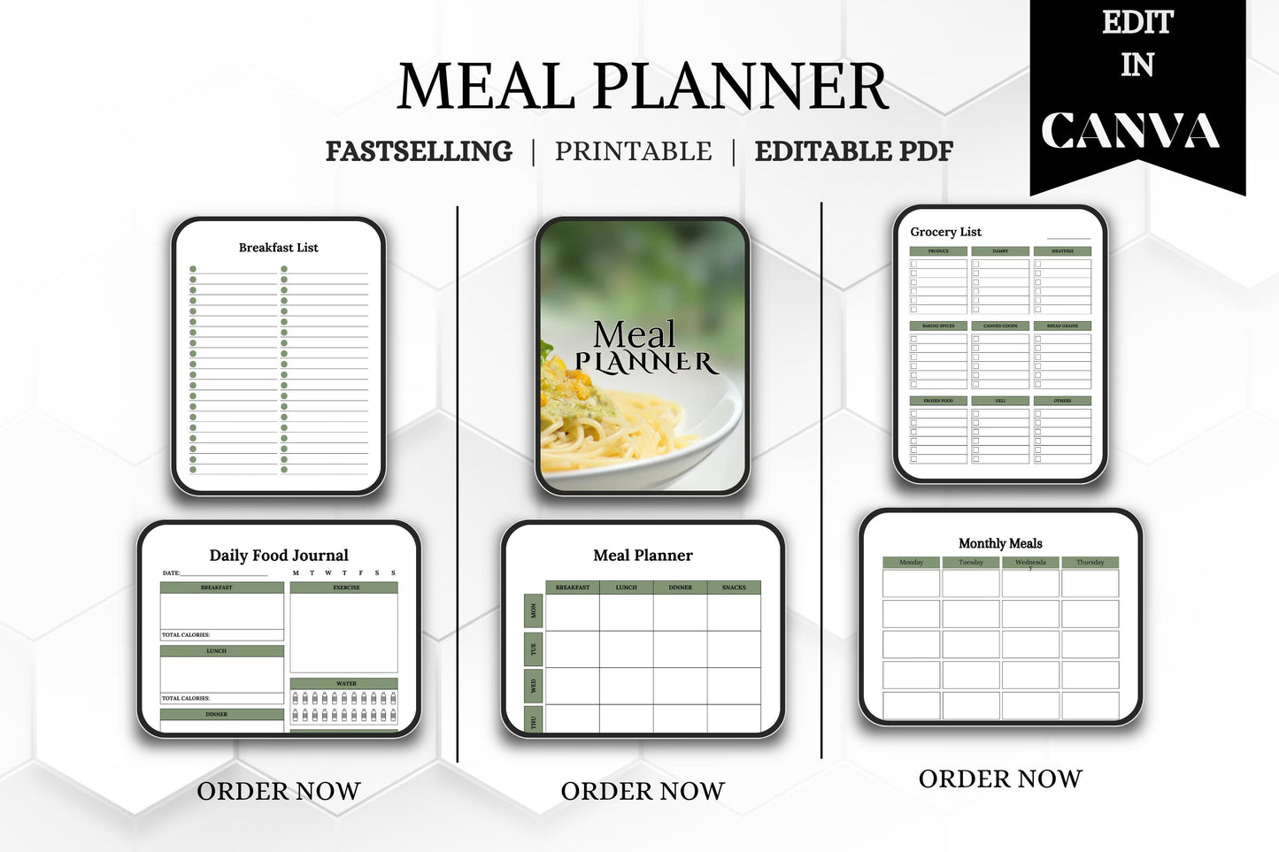 Editable Printable Meal Planner Bundle | Weekly Menu & Grocery List | Digital Meal Planning Organizer Template