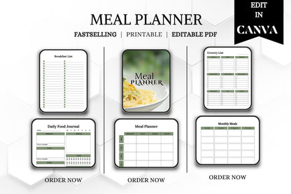 Editable Printable Meal Planner Bundle | Weekly Menu & Grocery List | Digital Meal Planning Organizer Template