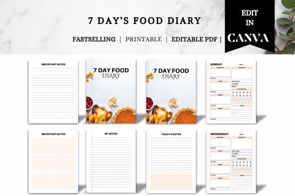 7 Day Food Diary: Printable Meal Planner (Editable PDF)