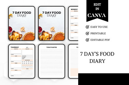 7 Day Food Diary: Printable Meal Planner (Editable PDF)