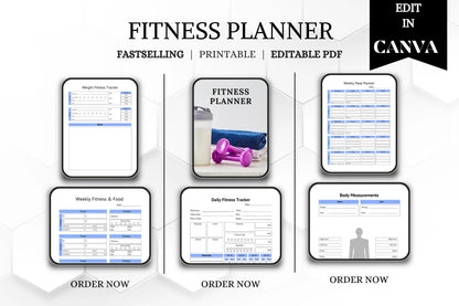 Editable Printable Fitness Planner Bundle | Workout & Wellness Tracker | Digital Health Journal Template for Goals