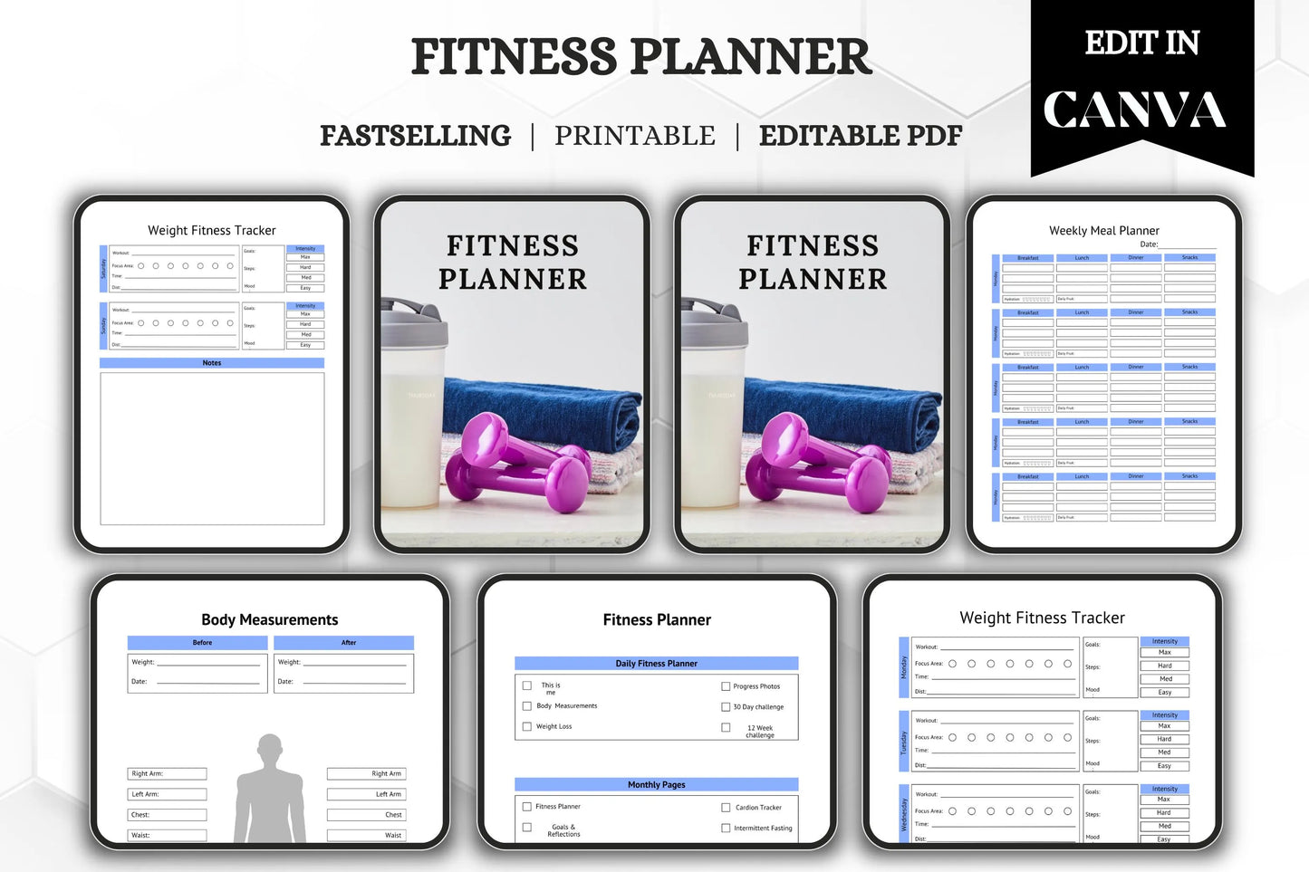 Editable Printable Fitness Planner Bundle | Workout & Wellness Tracker | Digital Health Journal Template for Goals