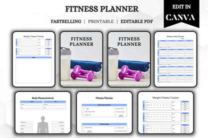 Editable Printable Fitness Planner Bundle | Workout & Wellness Tracker | Digital Health Journal Template for Goals