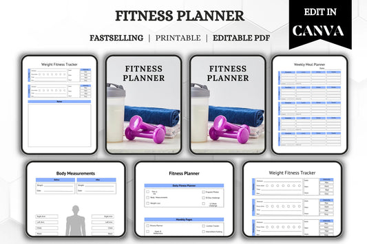 Editable Printable Fitness Planner Bundle | Workout & Wellness Tracker | Digital Health Journal Template for Goals