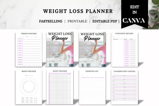 Weight Loss Planner Bundle | Printable & Editable Fitness Journal | Meal Tracker, Workout Log  Wellness Organizer