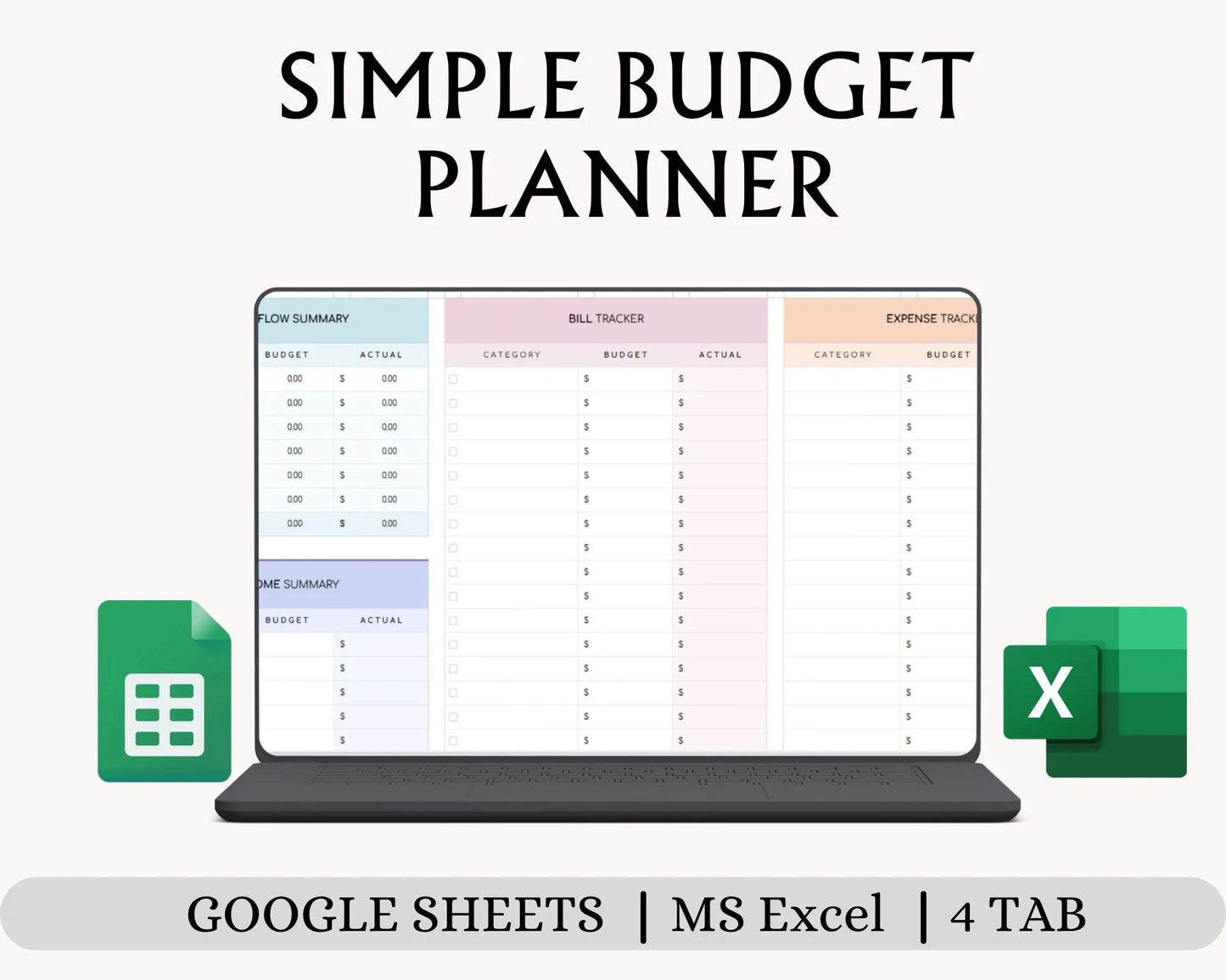 Simple Budget Planner Spreadsheet, Google Sheets Excel Budget Template, Monthly & Annual Finance Tracker